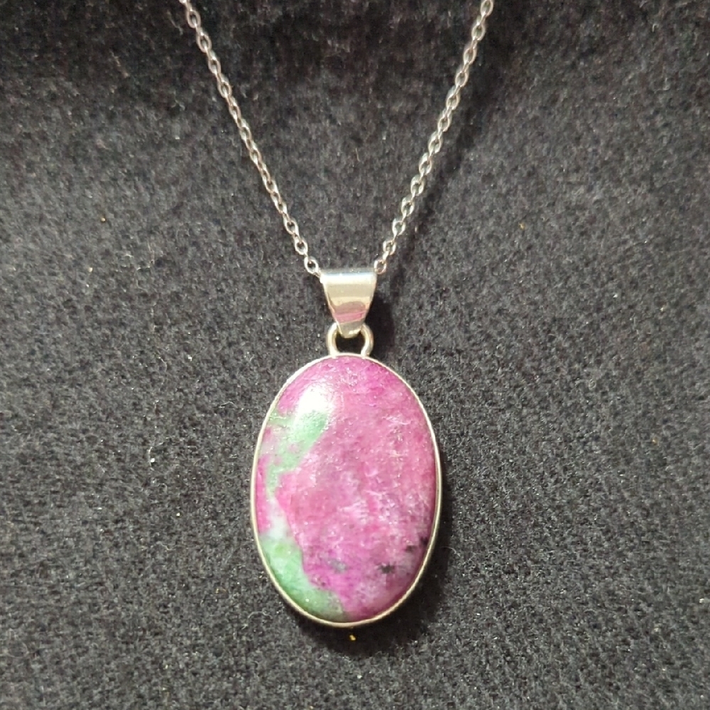 Sterling Silver Pink and Green Ruby Zoisite Gemstone Pendant Statement Necklace